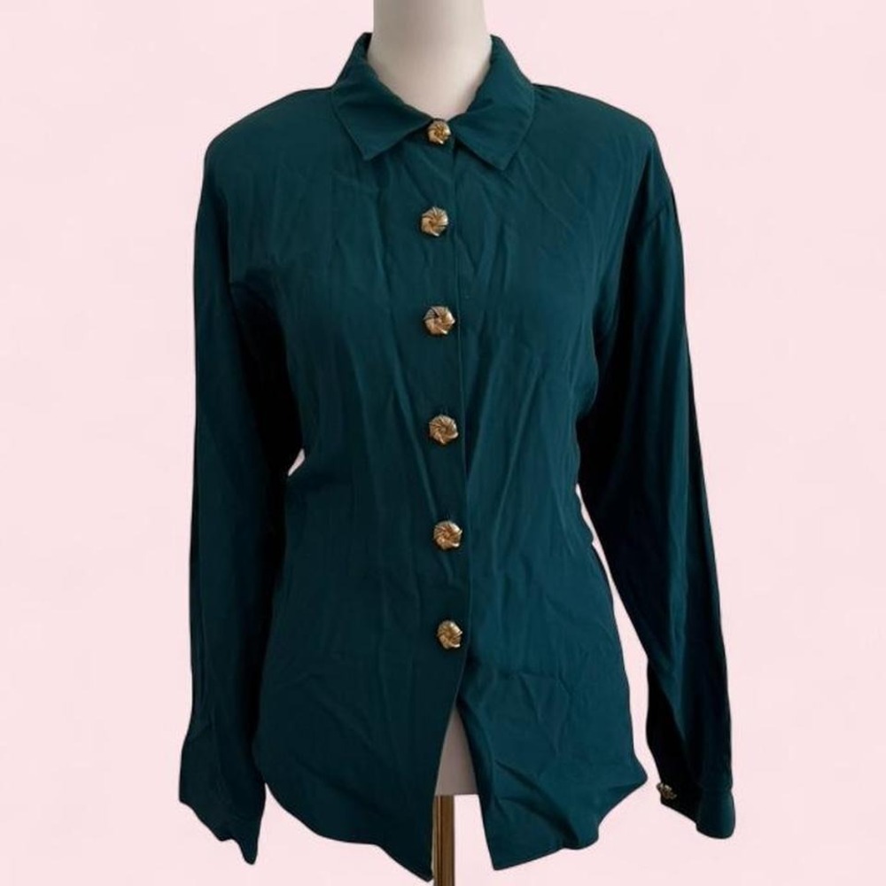 Vintage Lyn Diana Teal Button-Up Blouse w/ Gold Rose Buttons — Size L